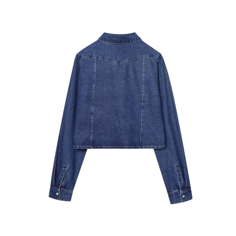 Women's Cropped Denim Jacket Long Sleeve Button Up Dark Blue Washed Denim Coat With Turn Down Collar And Pockets For Daily