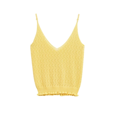 Débardeur Sexy pour Femme Col en V Tricoté Jaune Ajouré avec Boutons Sans Manches Ourlet à Volants Mode Décontracté Été