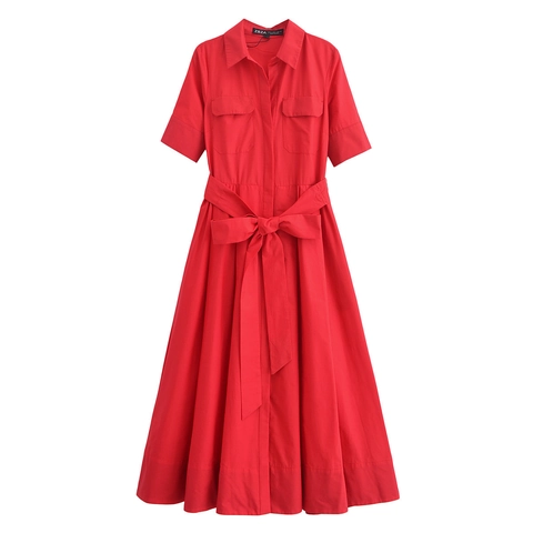 Dames Casual Shirtjurk Met Korte Mouwen Met Riem Reverskraag Knopen Aan De Voorkant Dubbele Zakken Effen Gestreepte Midi-Jurk