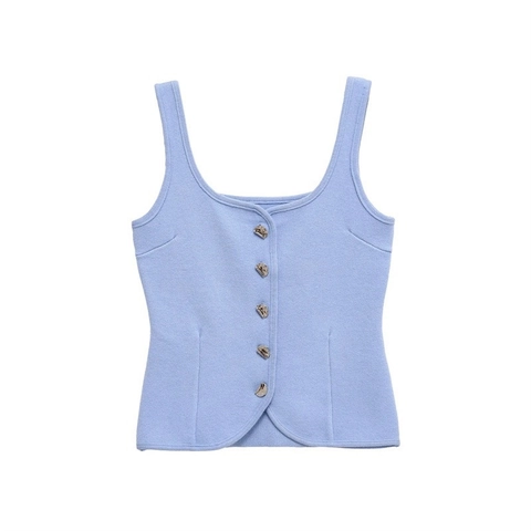 Women Square Neck Knit Tank Top Vest With Metal Heart Buttons French Style Slim Fit Solid Color Sleeveless Summer Top