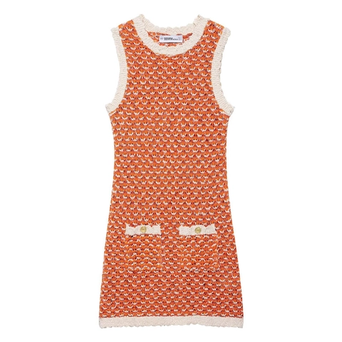 Damen Gestricktes Ärmelloses Minikleid Wellenstruktur Bogenschliff Goldene Knöpfe Taschen Elegant Häkeln Orange Weiß Partykleid