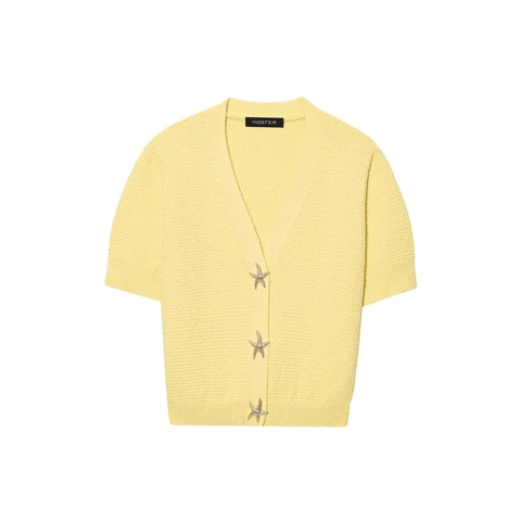 Women Elegant V-Neck Short Sleeve Knit Cardigan Light Yellow Waffle Knit Sweater With Starfish Metal Buttons Casual Knitwear Top