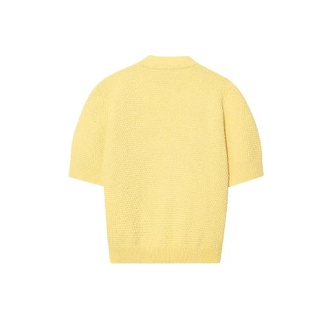 Women Elegant V-Neck Short Sleeve Knit Cardigan Light Yellow Waffle Knit Sweater With Starfish Metal Buttons Casual Knitwear Top