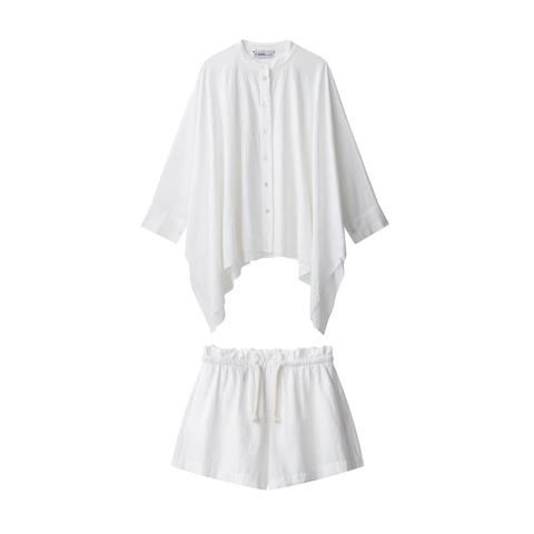 Damen Casual Stehkragen Cape Hemd Und Kordelzug Shorts Lockere Atmungsaktive Leichte Sommer Urlaub Outfit Oberteil Und Hose