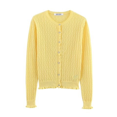 Women's Elegant Mercerized Cotton Knit Cardigan Bright Yellow Round Neck Long Sleeve Button Up Sweater With Ruffle Trim