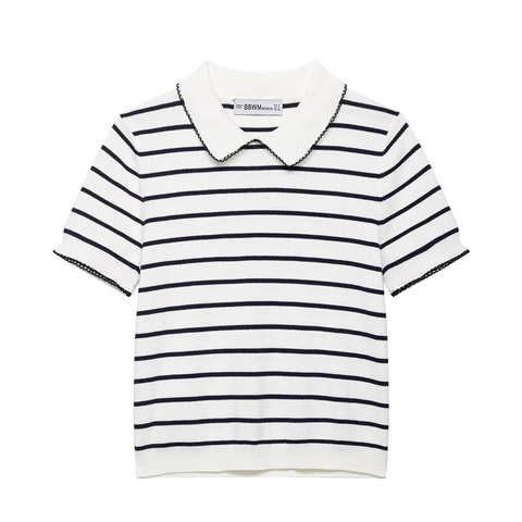 Women Short Sleeve Striped Knit Polo Top Scalloped Trim Contrast Edge French Style Slim Fit Knitted Pullover Sweater Top
