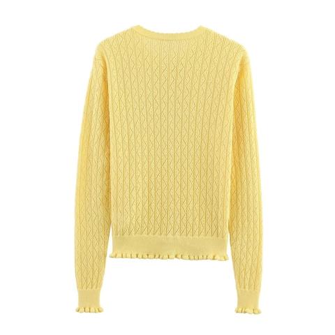 Women's Elegant Mercerized Cotton Knit Cardigan Bright Yellow Round Neck Long Sleeve Button Up Sweater With Ruffle Trim