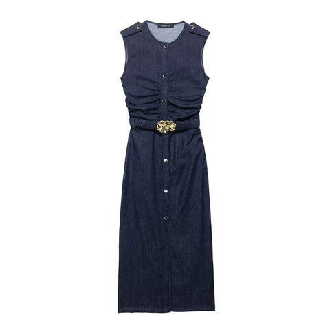 Women Sleeveless Denim Maxi Dress Single Breasted Ruched Waist Elegant Vestido With Flower Buckle Belt Dark Blue Jean Dress