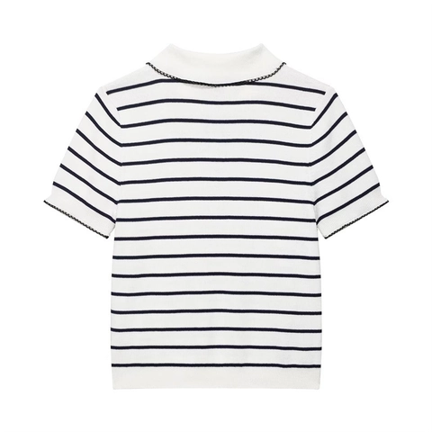 Women Short Sleeve Striped Knit Polo Top Scalloped Trim Contrast Edge French Style Slim Fit Knitted Pullover Sweater Top