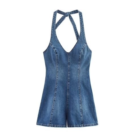 Damen Sexy Neckholder V-Ausschnitt Gewaschener Denim Einteiler Schlanke Passform Rückenfrei Ärmellos Jumpsuit Sommer Play Suit