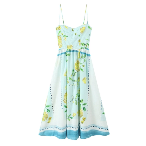 Abito Midi da Donna Estivo con Stampa di Limoni Spalline Sottili Schiena Scoperta Linea a A Abito da Vacanza Spiaggia Festa Casual
