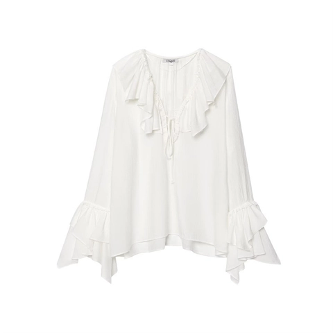 Elegante Weiße Langarmbluse Mit Gestuften Volants Und V-Ausschnitt Mit Bindeband Aus Kreppgewebe Retro Casual Damen Top