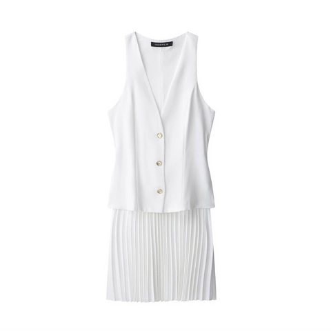 Damen Western-Stil Ärmellos V-Ausschnitt Plissiertes Minikleid Mit Goldknöpfen Patchwork Weiß Netzgewebe Polyester Kleid
