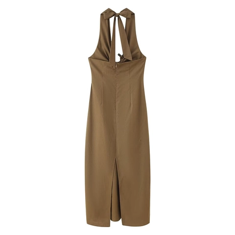 Women Linen Blend Halter Neck Maxi Dress Solid Color Backless Pleated A Line Vacation Long Dress For Spring Summer