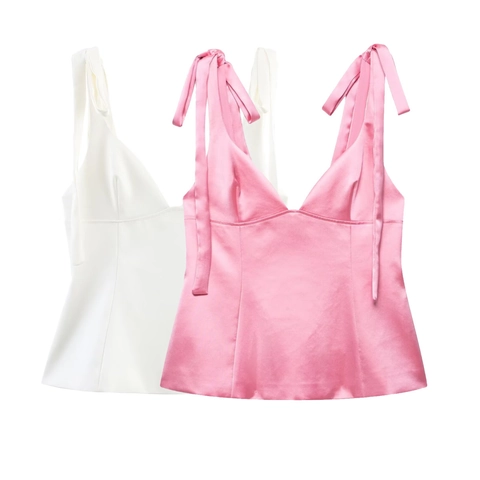 Camisole en Satin pour Femmes Col en V Coupe Ajustée Top Avec Bretelles en Ruban Nœud Élégant Chemisier d'Été Sans Manches Blanc Rose Fermeture Éclair Dos
