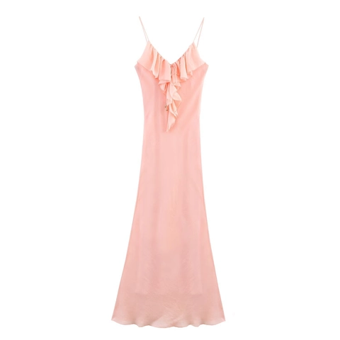 Vestido Maxi de Satén para Mujer con Tirantes Finos Volantes Escalonados Cuello en V Color Sólido Elegante Sin Mangas Melocotón