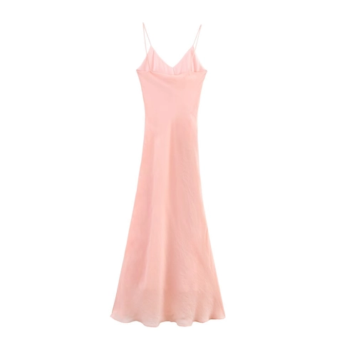 Vestido Maxi de Satén para Mujer con Tirantes Finos Volantes Escalonados Cuello en V Color Sólido Elegante Sin Mangas Melocotón
