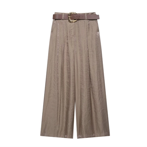 Pantalones de Pierna Ancha con Textura de Satén para Mujer Cintura Alta Rectos Con Cinturón Streetwear Café Largos