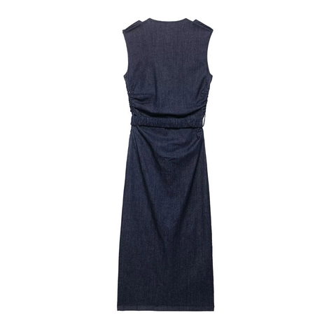 Abito Lungo in Denim Senza Maniche da Donna Monopetto a Vita Arricciata Elegante Vestido Con Cintura Con Fibbia a Fiore Abito di Jeans Blu Scuro
