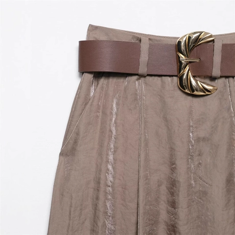 Pantalones de Pierna Ancha con Textura de Satén para Mujer Cintura Alta Rectos Con Cinturón Streetwear Café Largos