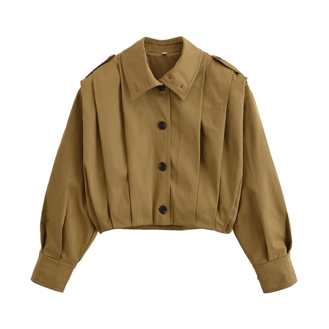 Women Casual Solid Color Lapel Short Jacket With Shoulder Epaulettes Pleats Loose Long Sleeve Workwear Style Button Coat