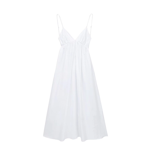 Damen Elegant Weiß V-Ausschnitt Spaghetti-Träger Midi-Kleid Hohe Taille Gerafft A-Linie Rückenfrei Sommer Party Kleider