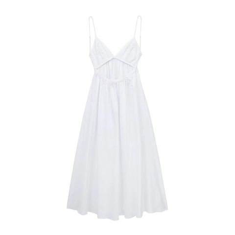 Damen Elegant Weiß V-Ausschnitt Spaghetti-Träger Midi-Kleid Hohe Taille Gerafft A-Linie Rückenfrei Sommer Party Kleider