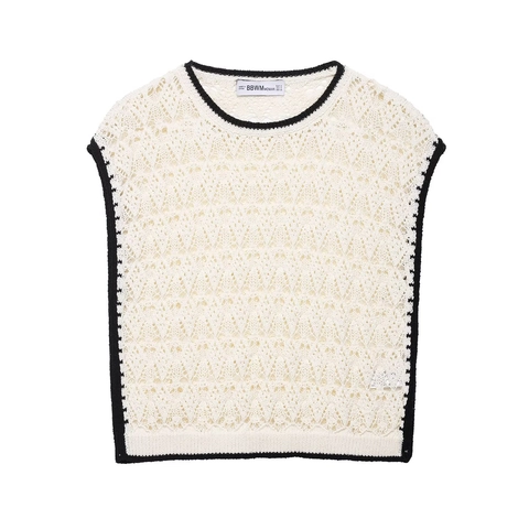 Damen Vintage Häkelweste Durchbrochene Strickweste Kontrasteinfassung Slim Fit Off White Ärmelloses Kurztop Retro Strickmode