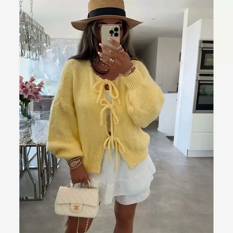Women Casual Knitted Cardigan Sweater Tie Bow V Neck Lantern Sleeve Ruffle Cuff Solid Color Yellow Sweet Soft Knit Top