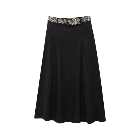 Elegant Black A-Line Maxi Skirt For Women With Wavy Woven Belt Solid Color Fashion Office Commuter Polyester Long Skirt