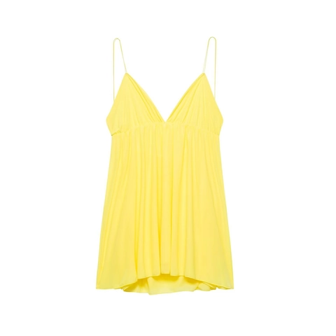 Dames Sexy V-Hals Rugvrije Spaghettibandjes Geplooid Mini Jurk Kruisvetersluiting A-Lijn Geel Zomervakantie Jurk