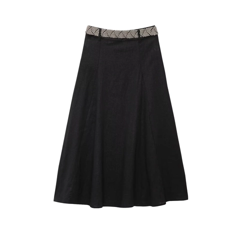 Elegant Black A-Line Maxi Skirt For Women With Wavy Woven Belt Solid Color Fashion Office Commuter Polyester Long Skirt