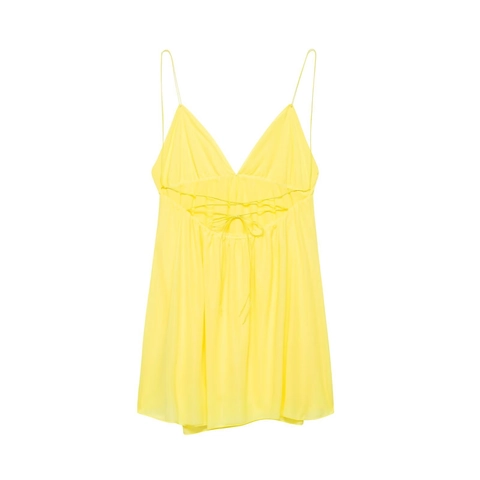 Dames Sexy V-Hals Rugvrije Spaghettibandjes Geplooid Mini Jurk Kruisvetersluiting A-Lijn Geel Zomervakantie Jurk