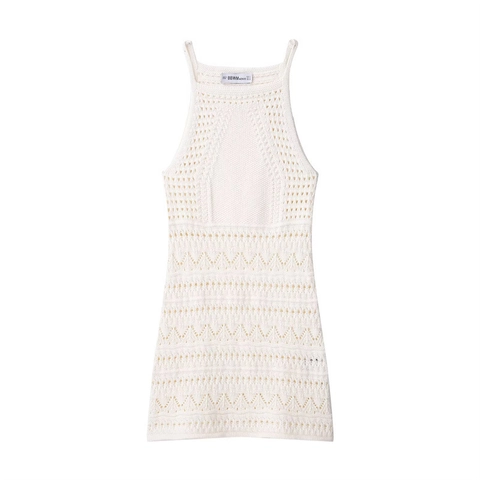 Damen Boho Häkel Kleid Neckholder Mini Kleid Lochmuster Strick Strandkleid Sexy Rückenfreies Weißes Sommerkleid Urlaub
