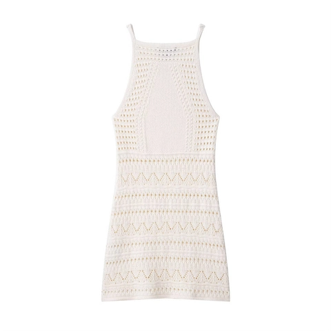 Damen Boho Häkel Kleid Neckholder Mini Kleid Lochmuster Strick Strandkleid Sexy Rückenfreies Weißes Sommerkleid Urlaub