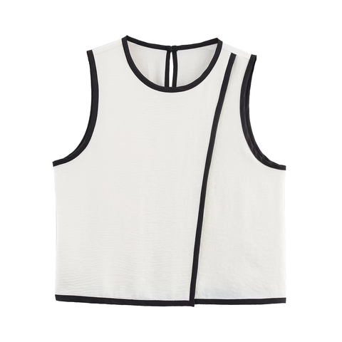 Damen Kontrast-Einfassung Ärmelloses Oberteil Minimalistisch Elegant Rundhals Asymmetrische Linie Crêpe Weste Casual Weiß