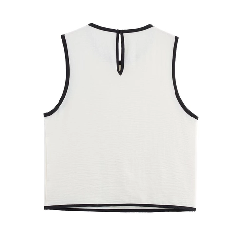 Damen Kontrast-Einfassung Ärmelloses Oberteil Minimalistisch Elegant Rundhals Asymmetrische Linie Crêpe Weste Casual Weiß