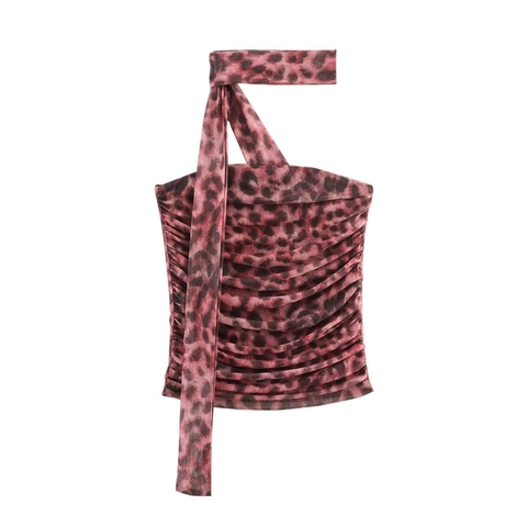 Women Leopard Animal Print Ruched Halter Top Sexy Mesh Sleeveless Scarf Neck Backless Slim Fit Club Party Tank Top Red