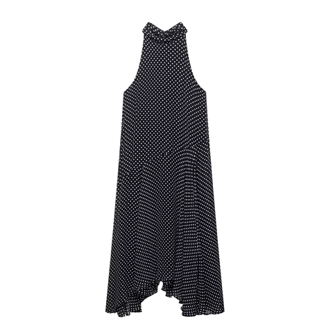 Abito Maxi da Donna Estivo a Pois Scollo all'Americana Senza Maniche Fiocco Elegante in Chiffon per Vacanze e Feste