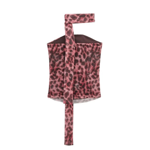 Women Leopard Animal Print Ruched Halter Top Sexy Mesh Sleeveless Scarf Neck Backless Slim Fit Club Party Tank Top Red