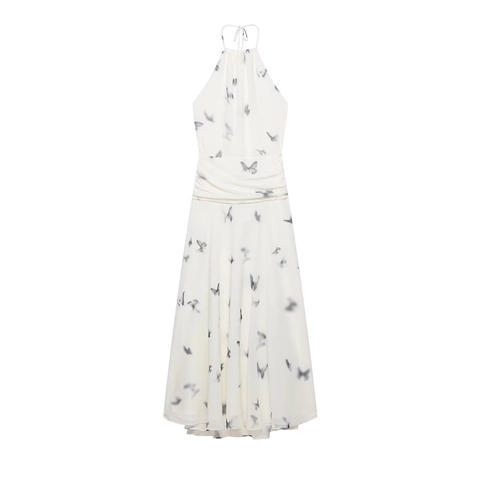 Damen Neckholder Schmetterlingsdruck Gerafftes Kleid Ärmellos Sexy Rückenloses Fließendes A-Linien-Maxikleid Europäischer Streetwear-Stil