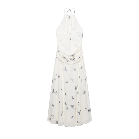 Damen Neckholder Schmetterlingsdruck Gerafftes Kleid Ärmellos Sexy Rückenloses Fließendes A-Linien-Maxikleid Europäischer Streetwear-Stil
