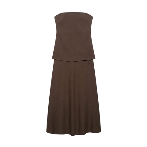 Women Elegant Strapless Tube Top And Midi Skirt Chocolate Brown Solid Minimalist Streetwear Fashion Skirt Outfit