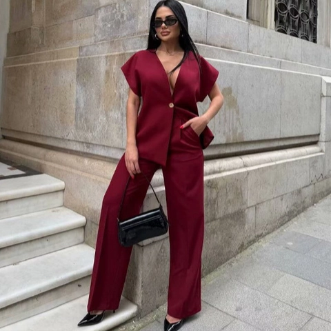 Women's Elegant V-Neck Sleeveless Asymmetrical Vest And Wide Leg Pants Two Piece Suit Solid Office Lady Matching Set