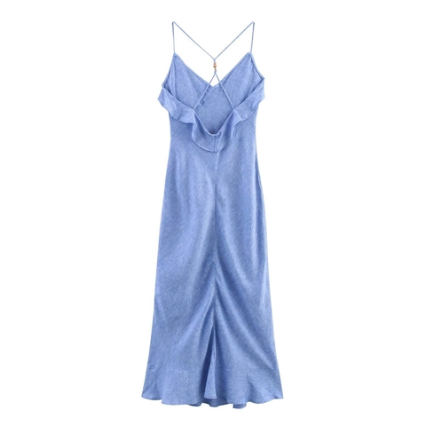 Damen Französisch Elegant Hellblau Slip Kleid V Ausschnitt Rüschen Rückenfrei Kreuzgurt Seiten Schlitz Resort Midi Kleid