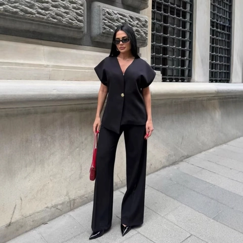 Women's Elegant V-Neck Sleeveless Asymmetrical Vest And Wide Leg Pants Two Piece Suit Solid Office Lady Matching Set