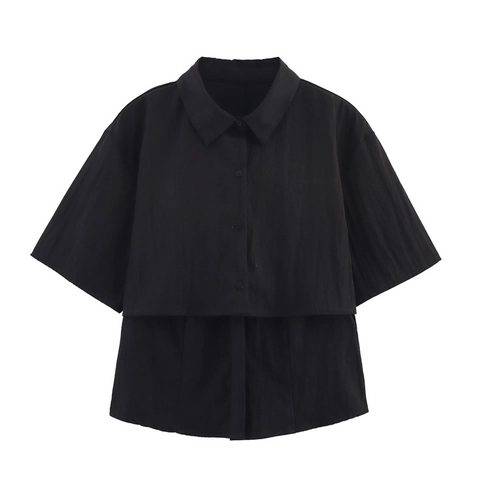 Chemisier Décontracté pour Femmes Manches Courtes Double Couche Col Rabattu Boutonné Haut d'Été Minimaliste Noir Streetwear
