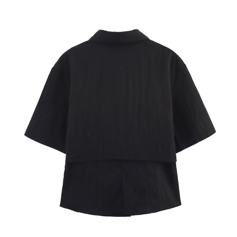 Chemisier Décontracté pour Femmes Manches Courtes Double Couche Col Rabattu Boutonné Haut d'Été Minimaliste Noir Streetwear