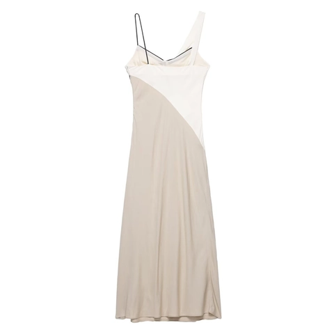 Women's Asymmetric Cowl Neck Patchwork Satin Maxi Dress Elegant Sleeveless Split Color Slip Dress For Sophisticated Commuter