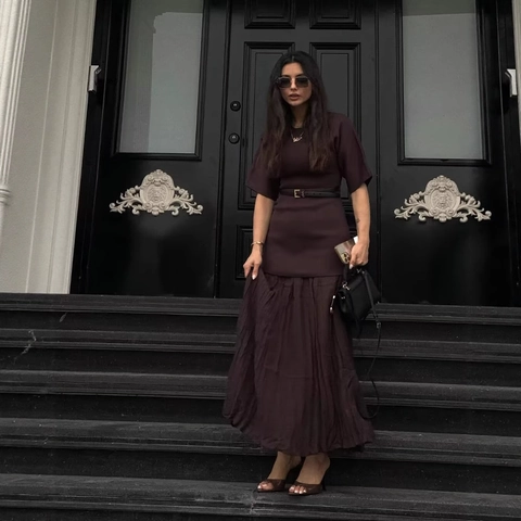 Women Elegant Round Neck Short Sleeve Knit Patchwork Pleated Maxi Dress Solid Color Sophisticated Party Casual Dress
